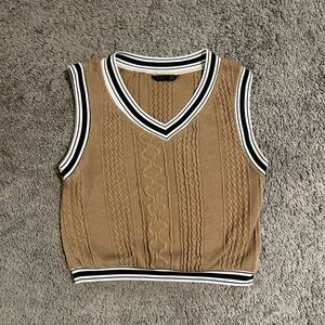 SHEIN Tan Cable Knit Vest with Black and White Trim